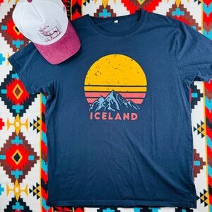 Iceland Sunset Mountain Graphic T-Shirt Navy Blue XL Retro Travel Tee